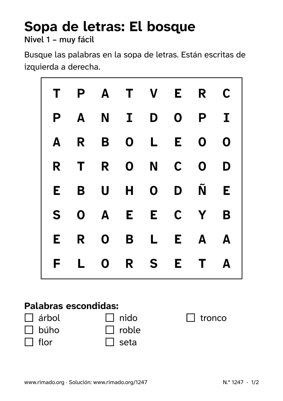 Vista previa de la hoja impresa: Sopa de letras «El bosque», n.º 1247