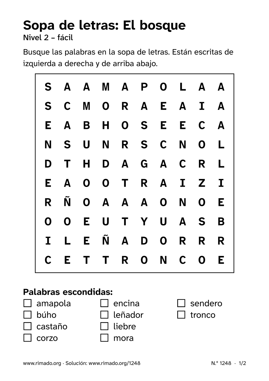 Vista previa de la hoja impresa: Sopa de letras «El bosque», n.º 1248