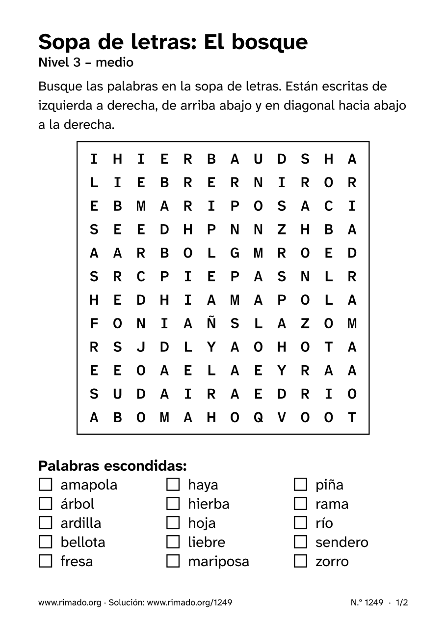 Vista previa de la hoja impresa: Sopa de letras «El bosque», n.º 1249