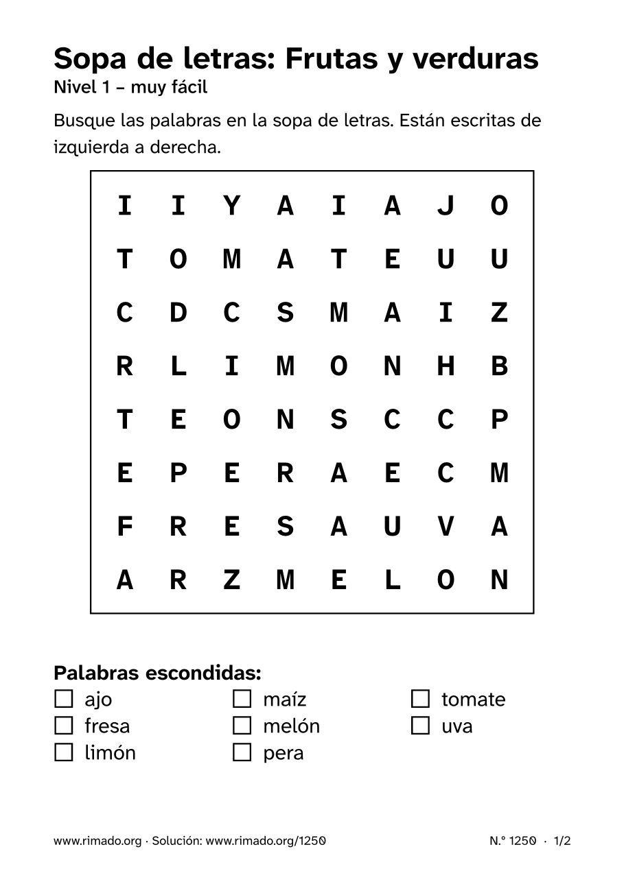 Vista previa de la hoja impresa: Sopa de letras «Frutas y verduras», n.º 1250