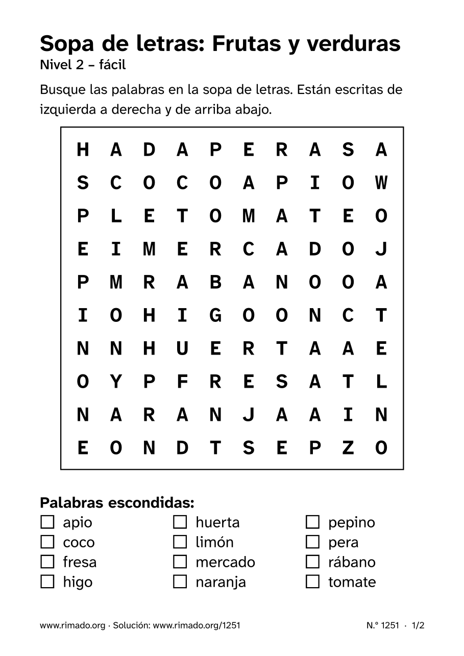 Vista previa de la hoja impresa: Sopa de letras «Frutas y verduras», n.º 1251