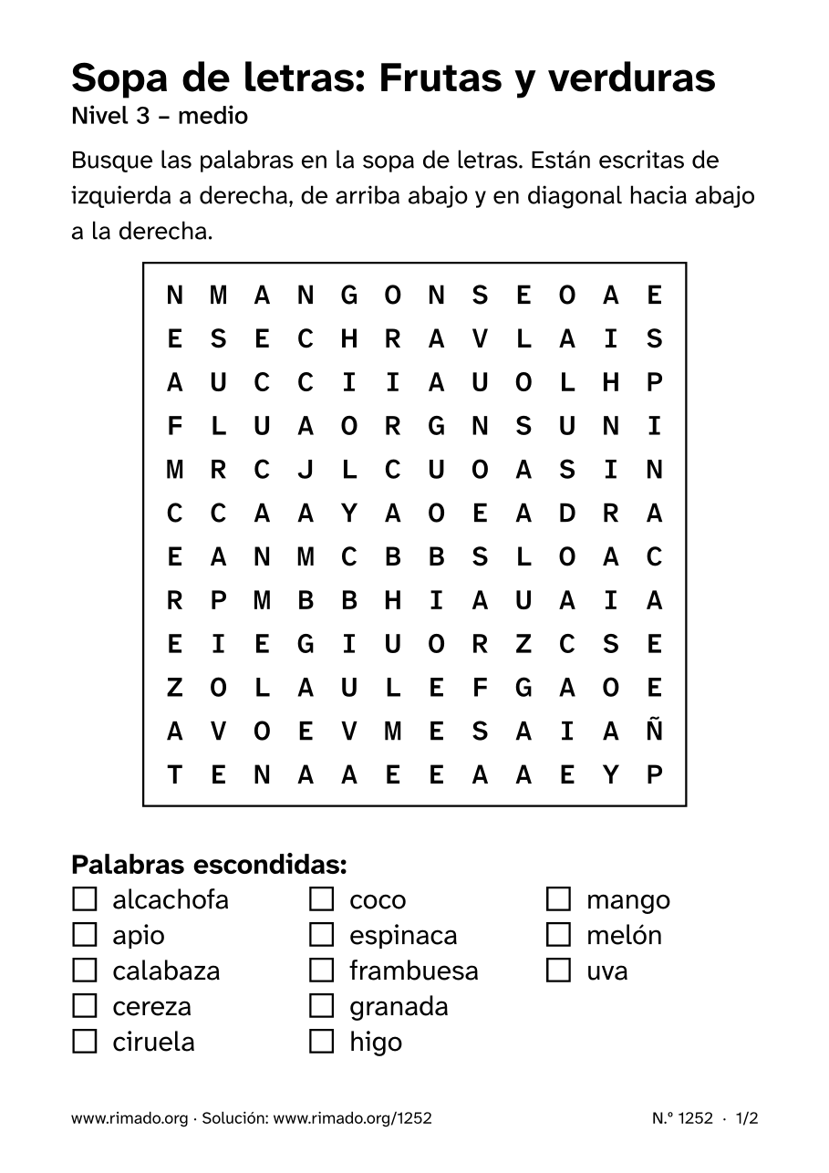 Vista previa de la hoja impresa: Sopa de letras «Frutas y verduras», n.º 1252