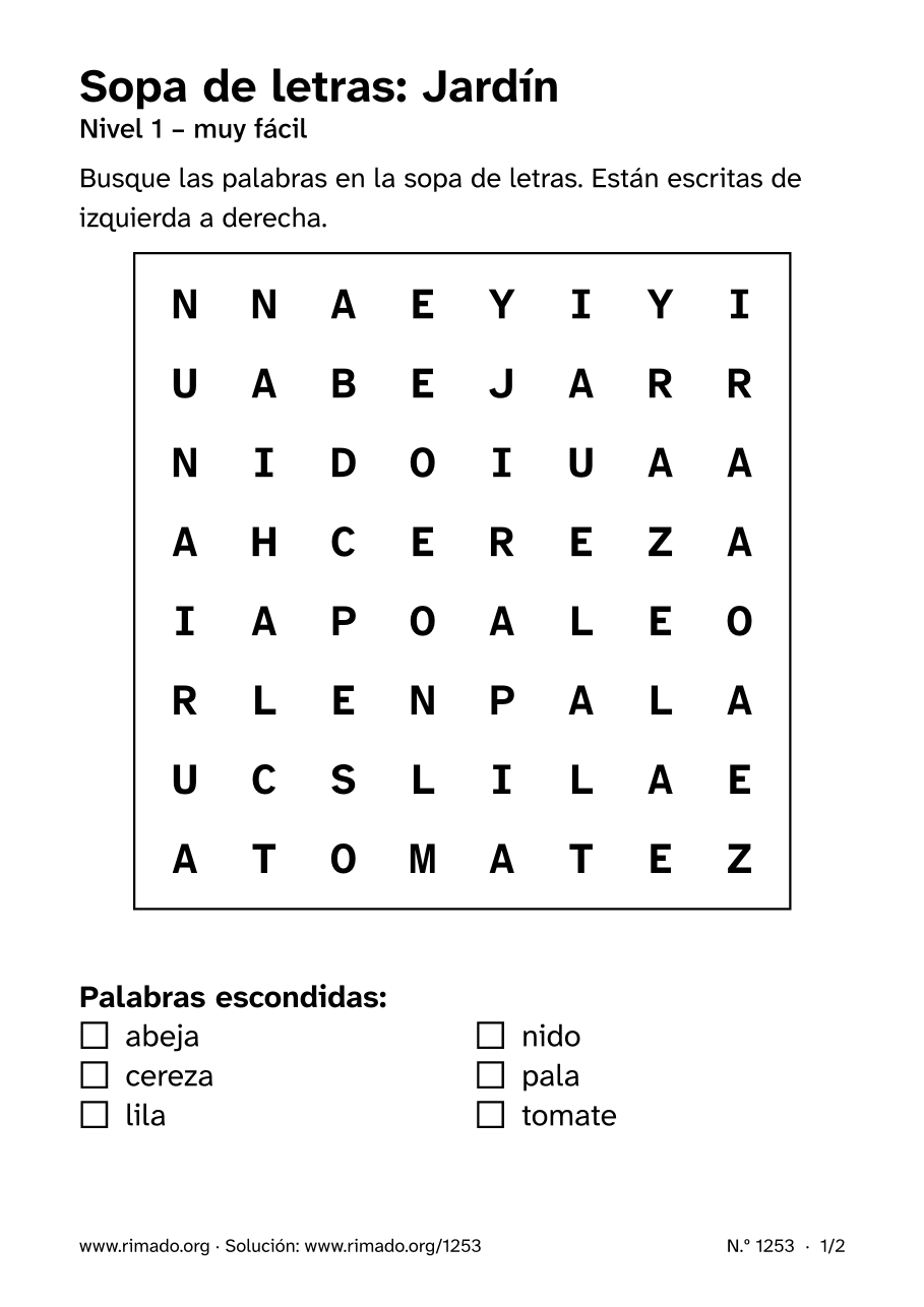 Vista previa de la hoja impresa: Sopa de letras «Jardín», n.º 1253