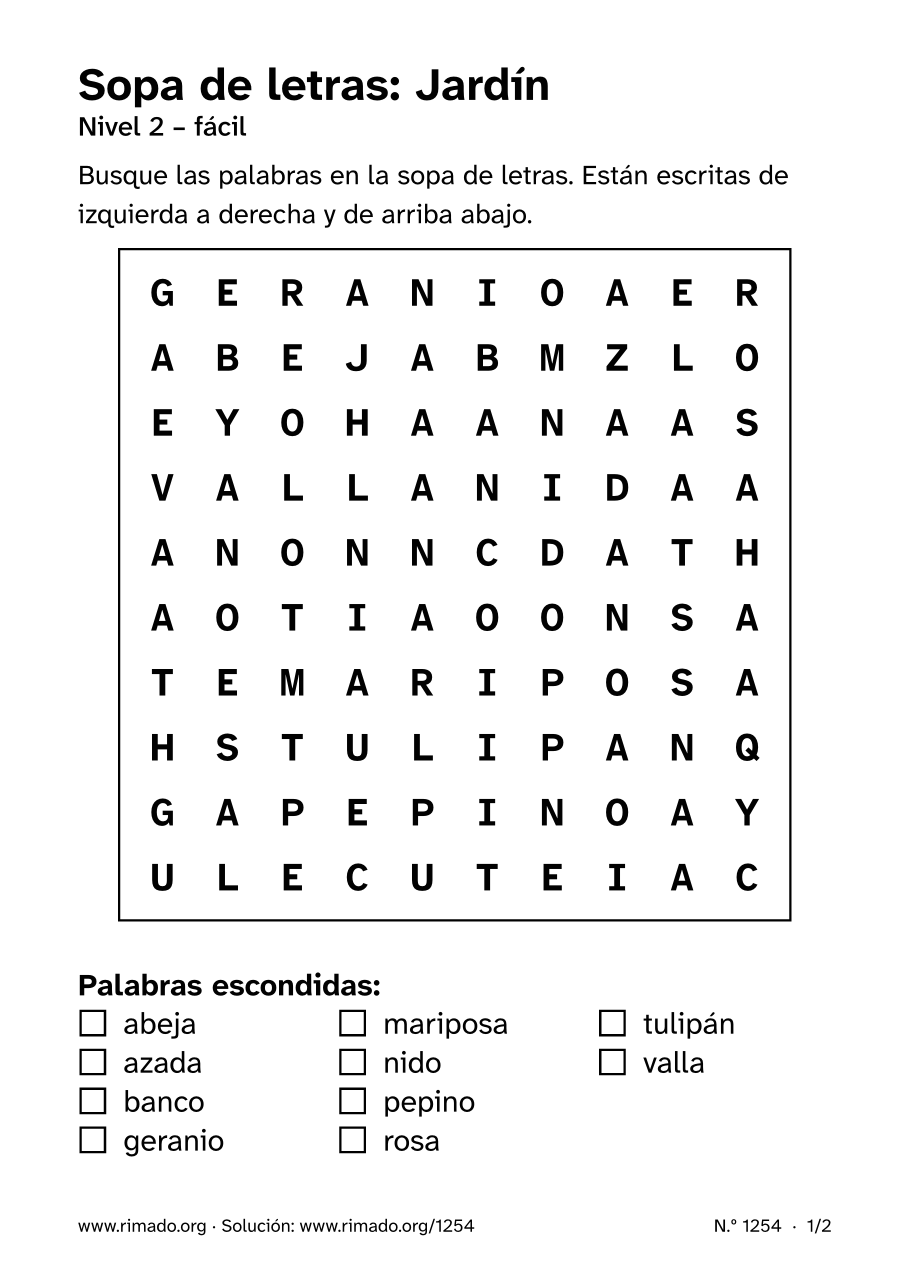 Vista previa de la hoja impresa: Sopa de letras «Jardín», n.º 1254