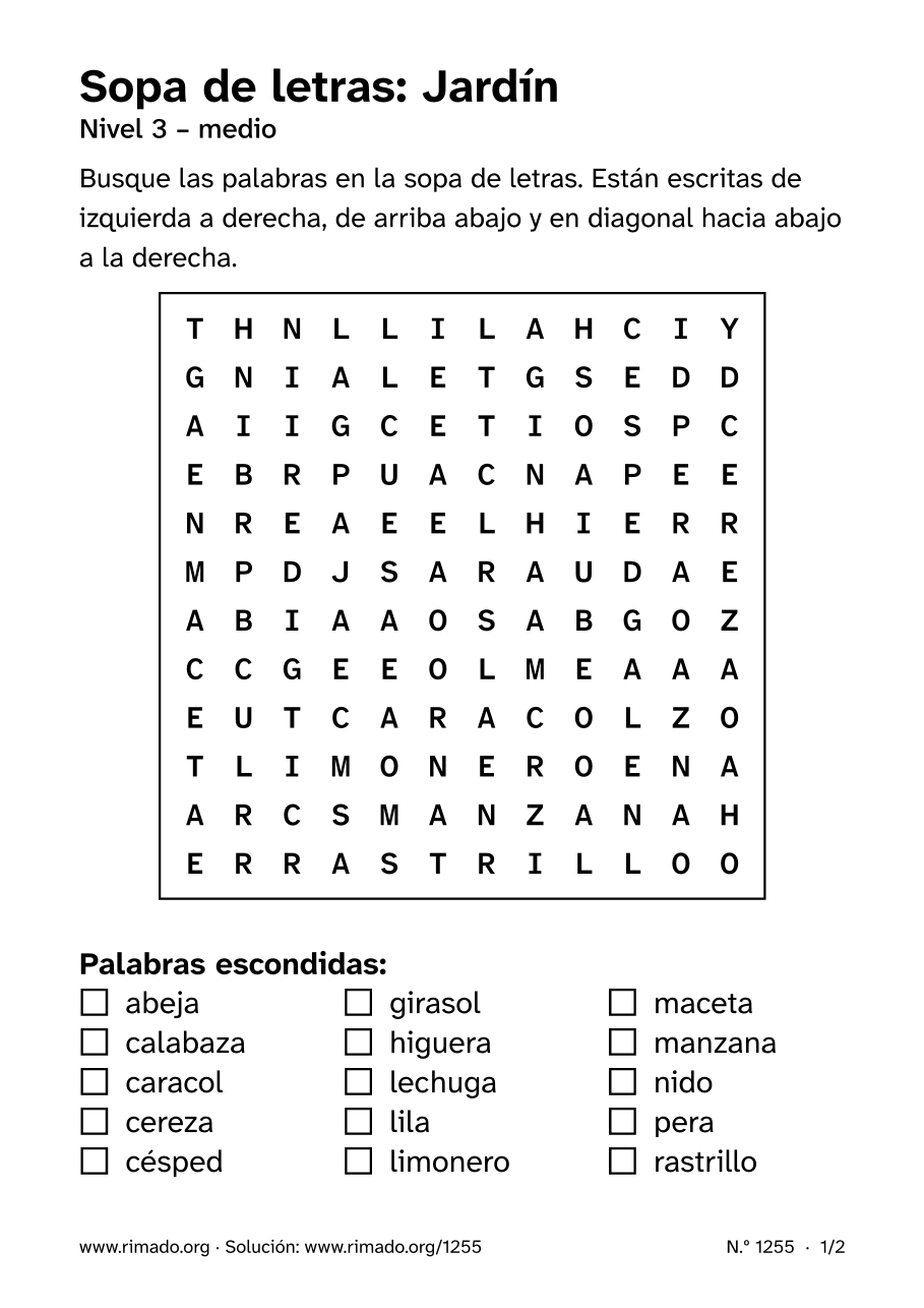 Vista previa de la hoja impresa: Sopa de letras «Jardín», n.º 1255