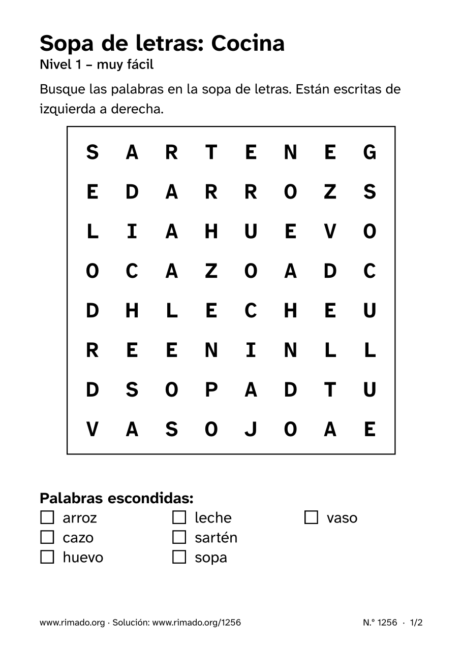 Vista previa de la hoja impresa: Sopa de letras «Cocina», n.º 1256