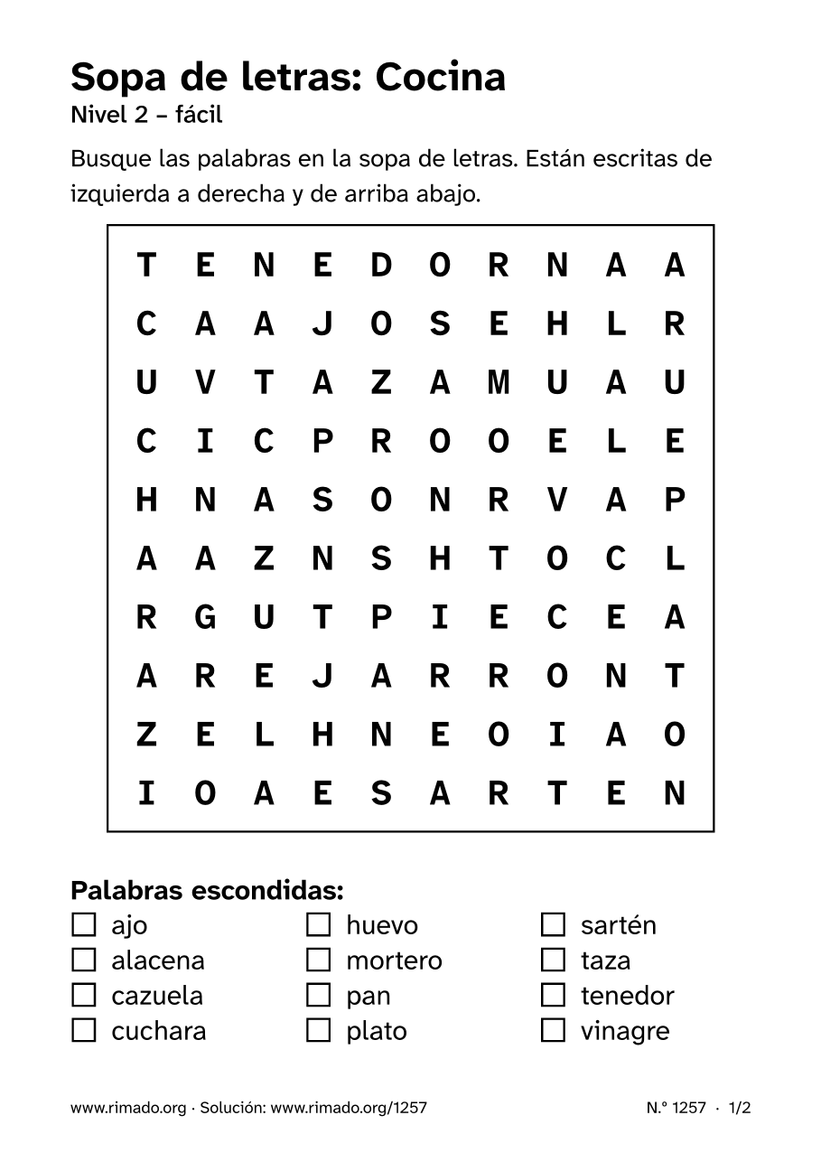 Vista previa de la hoja impresa: Sopa de letras «Cocina», n.º 1257