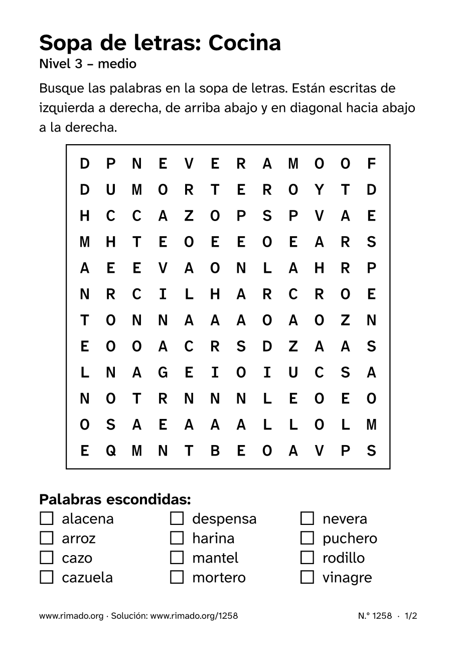 Vista previa de la hoja impresa: Sopa de letras «Cocina», n.º 1258