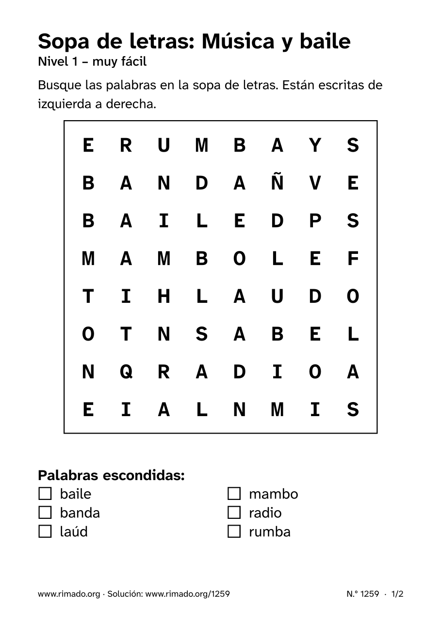 Vista previa de la hoja impresa: Sopa de letras «Música y baile», n.º 1259
