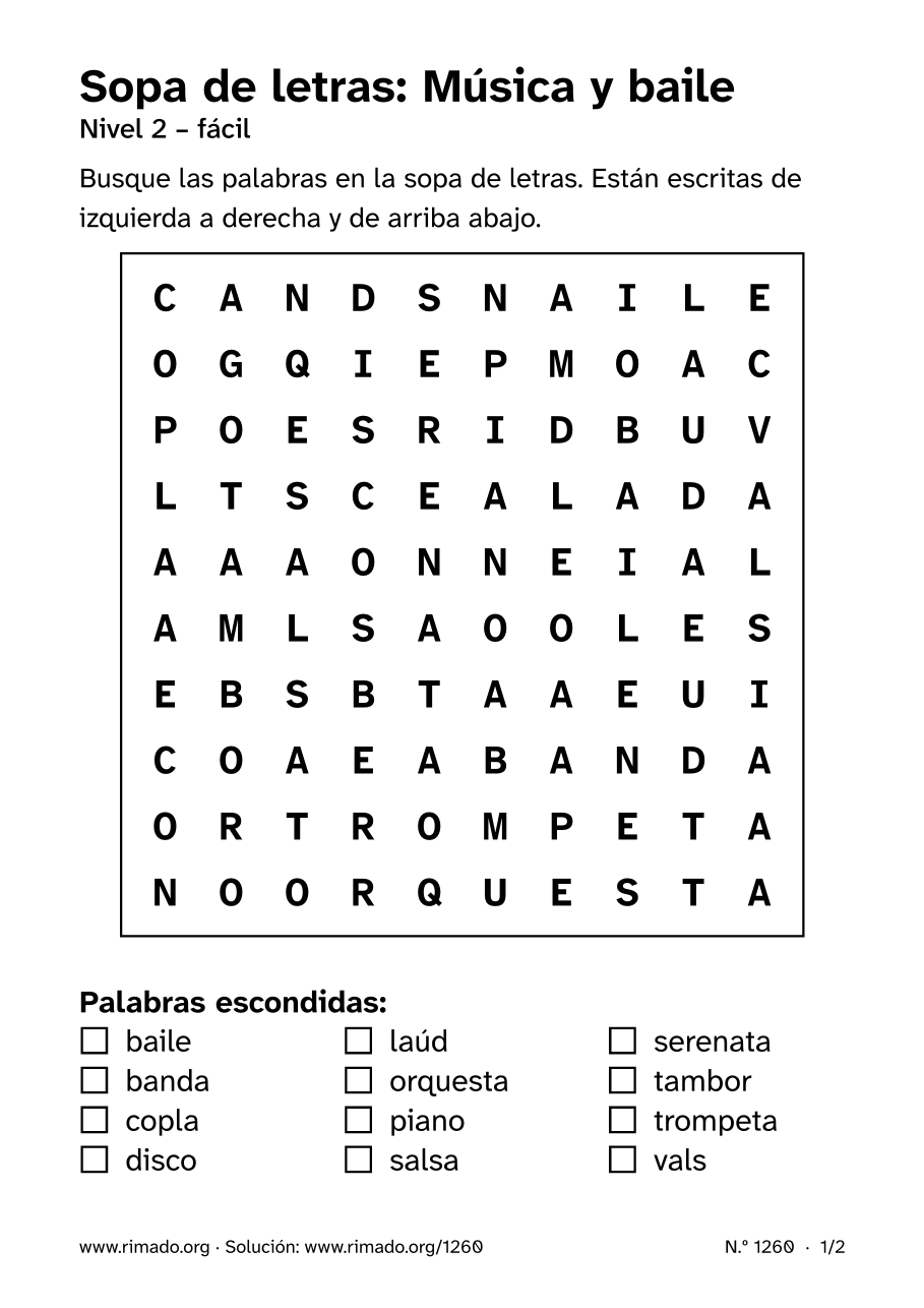 Vista previa de la hoja impresa: Sopa de letras «Música y baile», n.º 1260