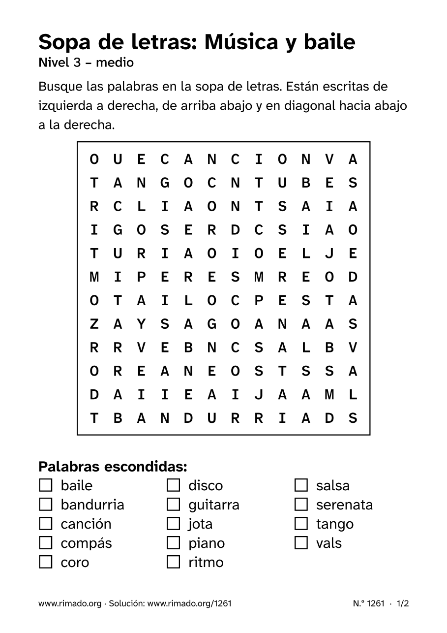Vista previa de la hoja impresa: Sopa de letras «Música y baile», n.º 1261