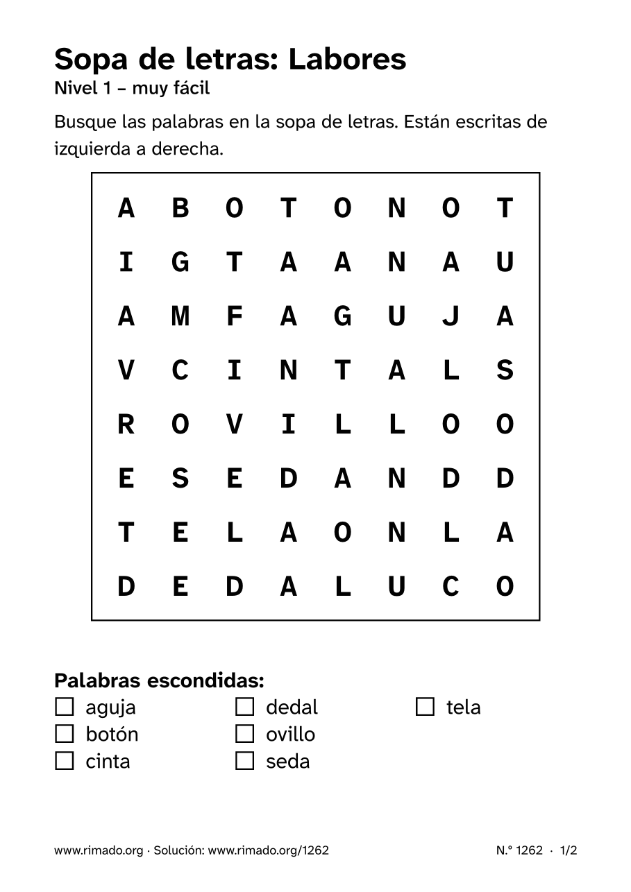 Vista previa de la hoja impresa: Sopa de letras «Labores», n.º 1262