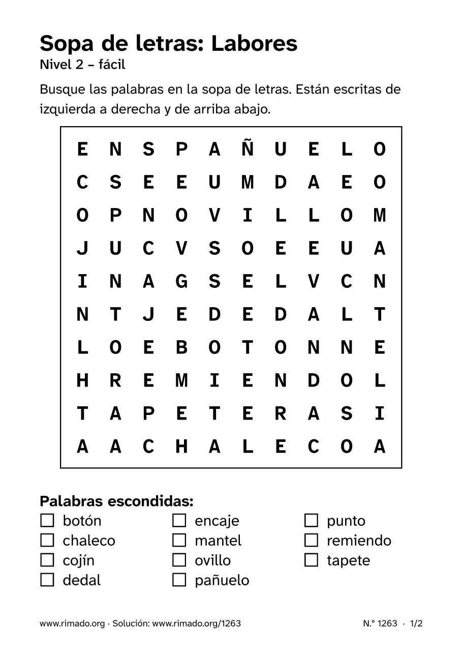 Vista previa de la hoja impresa: Sopa de letras «Labores», n.º 1263