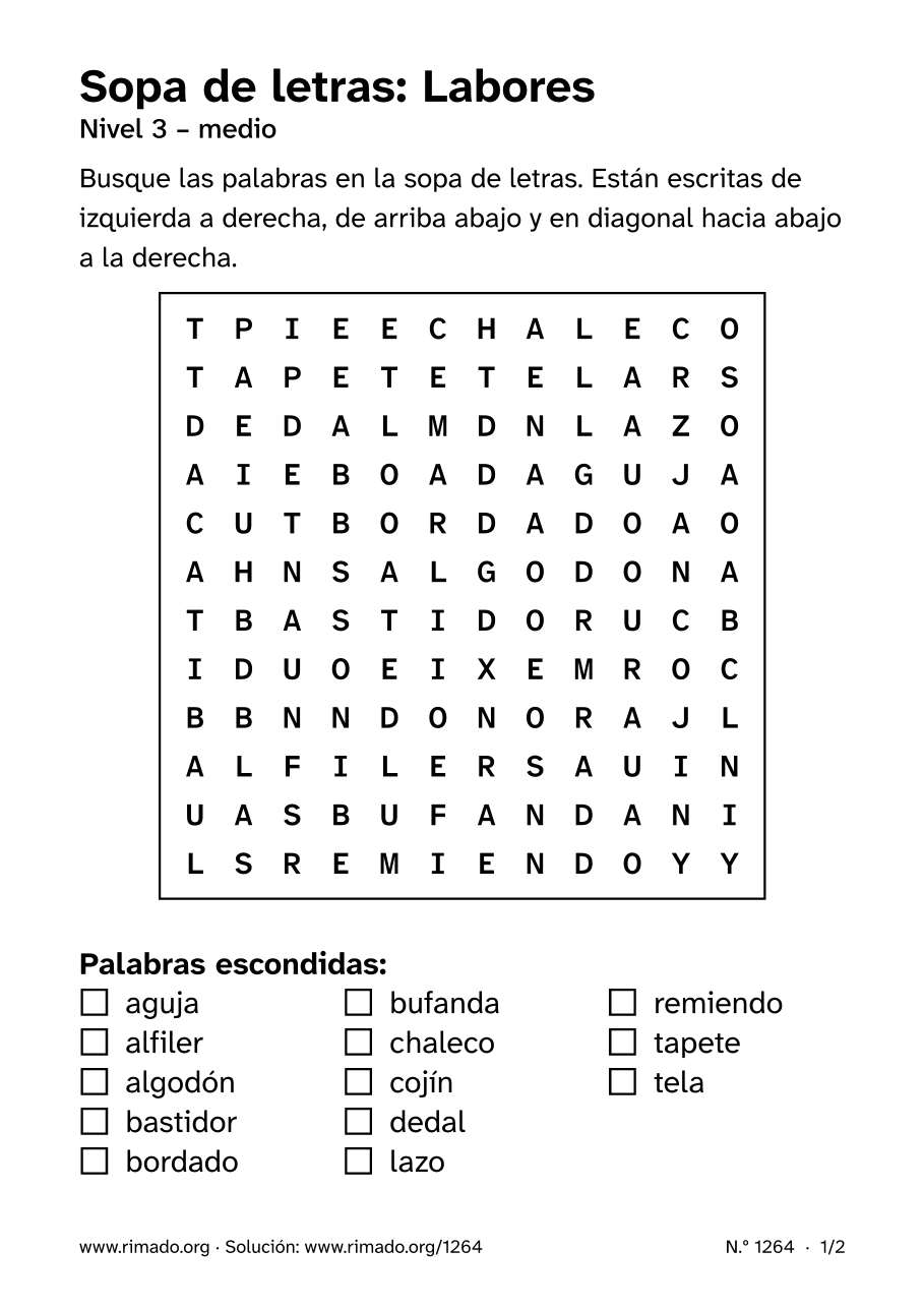 Vista previa de la hoja impresa: Sopa de letras «Labores», n.º 1264