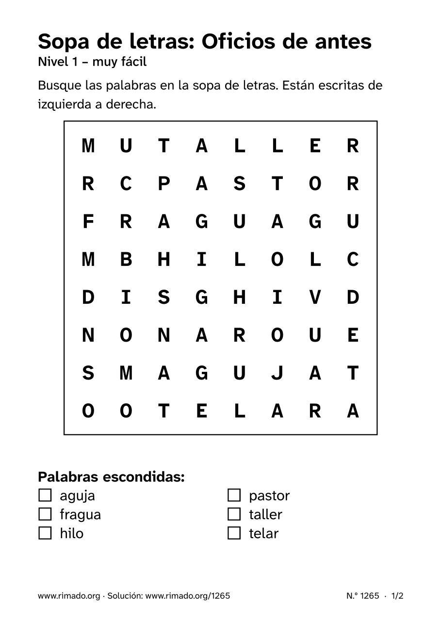 Vista previa de la hoja impresa: Sopa de letras «Oficios de antes», n.º 1265