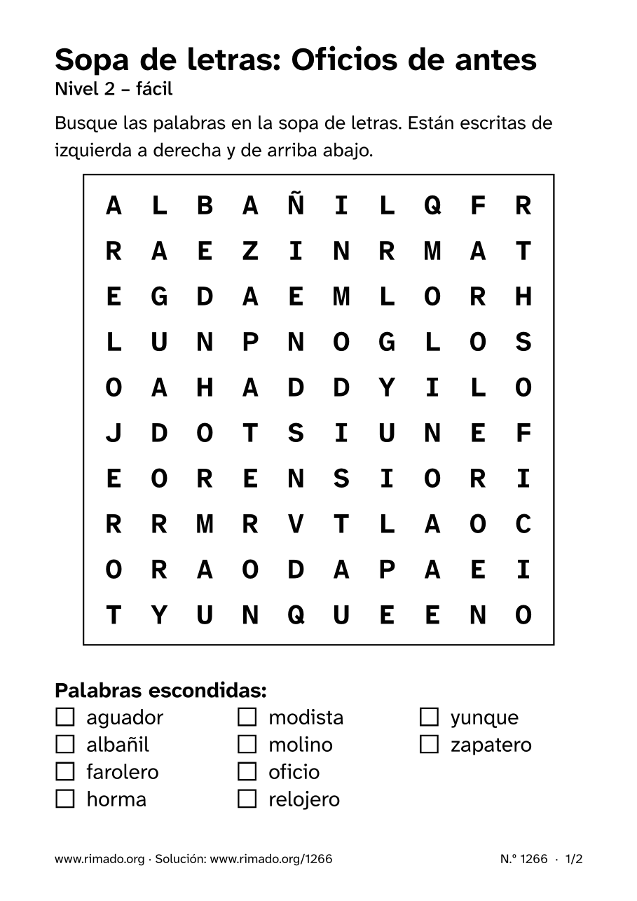Vista previa de la hoja impresa: Sopa de letras «Oficios de antes», n.º 1266