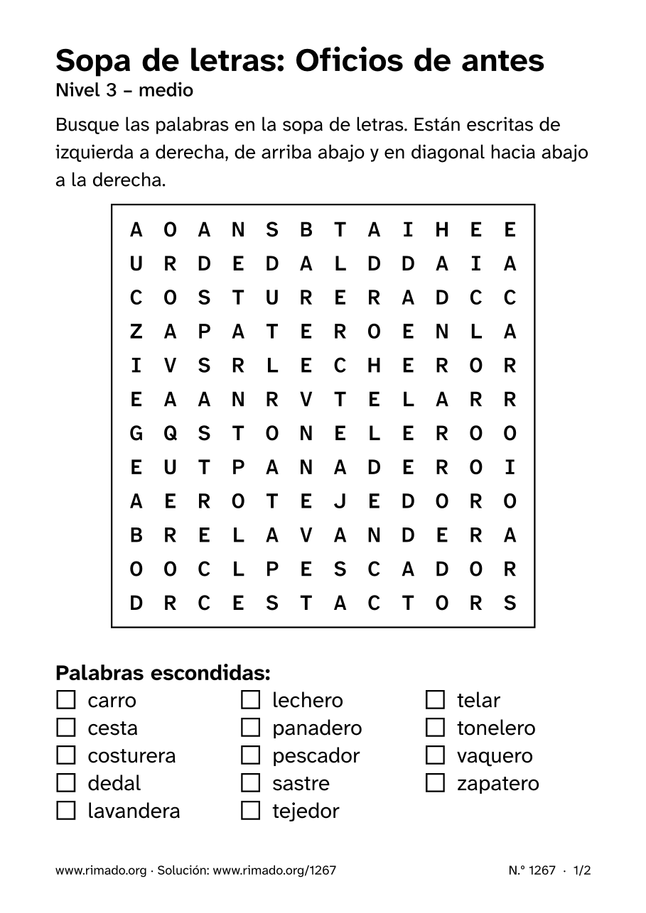 Vista previa de la hoja impresa: Sopa de letras «Oficios de antes», n.º 1267