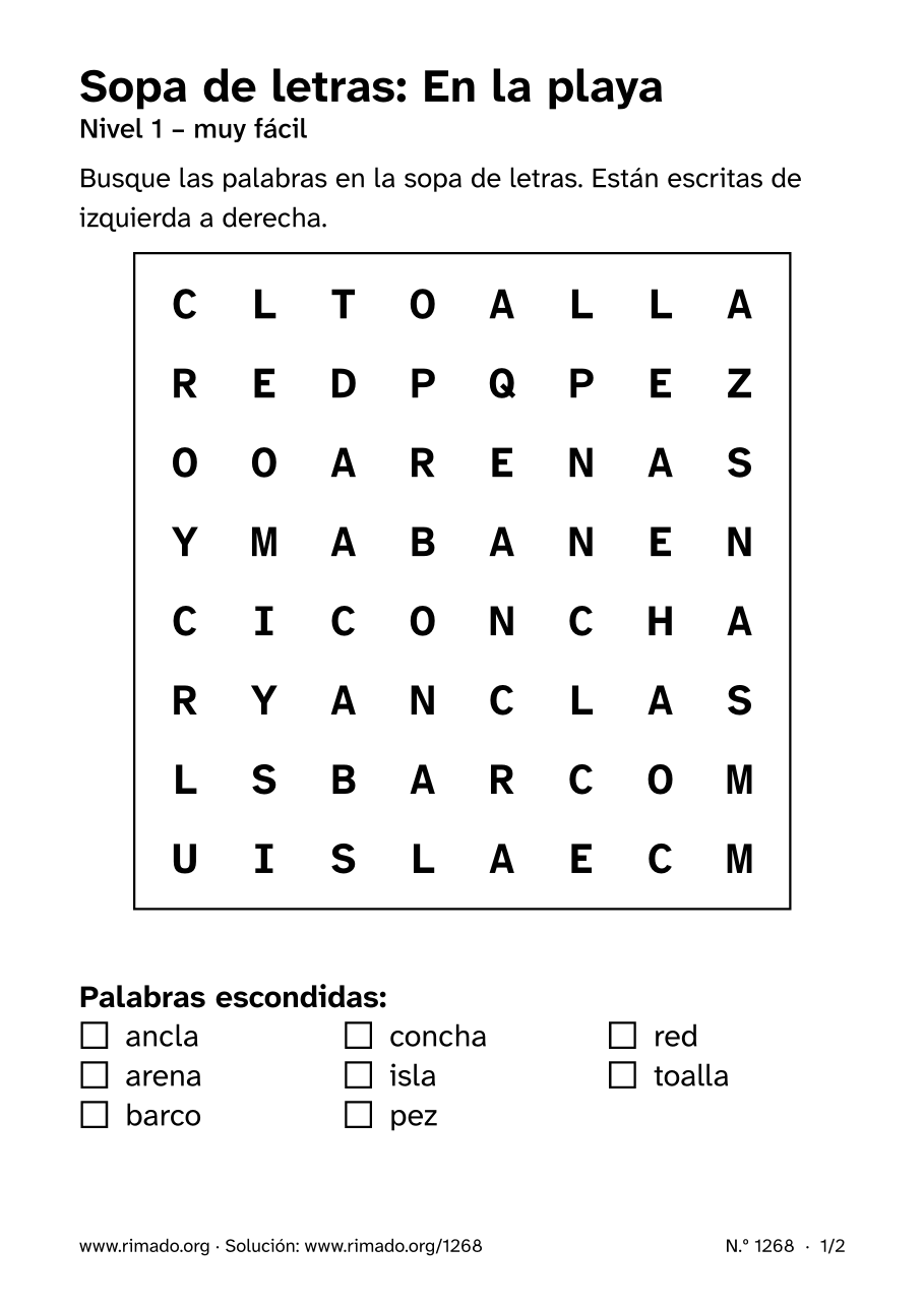 Vista previa de la hoja impresa: Sopa de letras «En la playa», n.º 1268