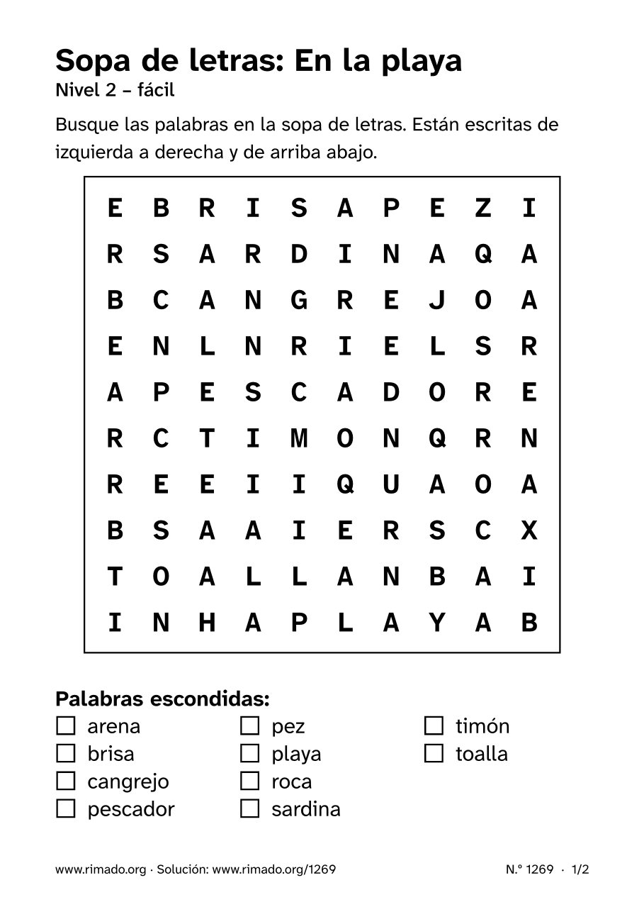 Vista previa de la hoja impresa: Sopa de letras «En la playa», n.º 1269
