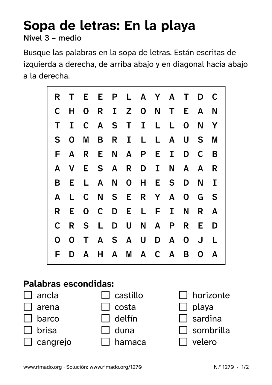 Vista previa de la hoja impresa: Sopa de letras «En la playa», n.º 1270