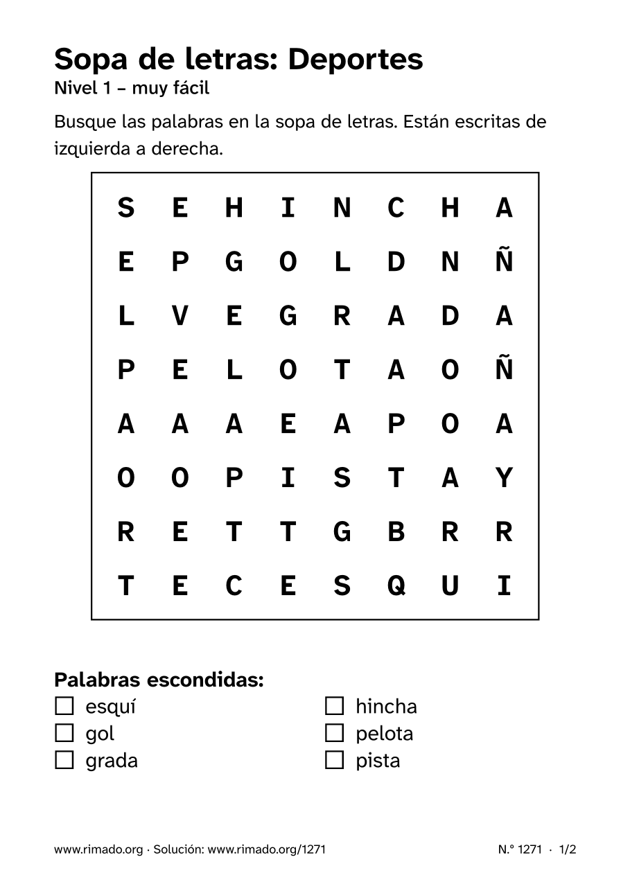 Vista previa de la hoja impresa: Sopa de letras «Deportes», n.º 1271