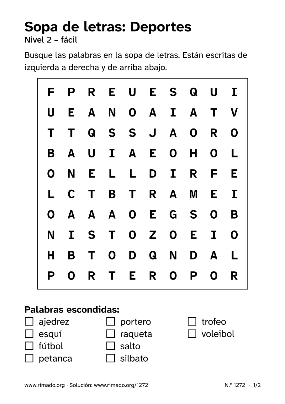 Vista previa de la hoja impresa: Sopa de letras «Deportes», n.º 1272