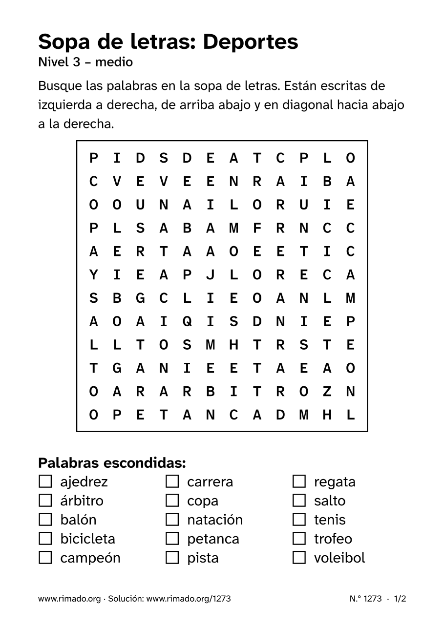 Vista previa de la hoja impresa: Sopa de letras «Deportes», n.º 1273