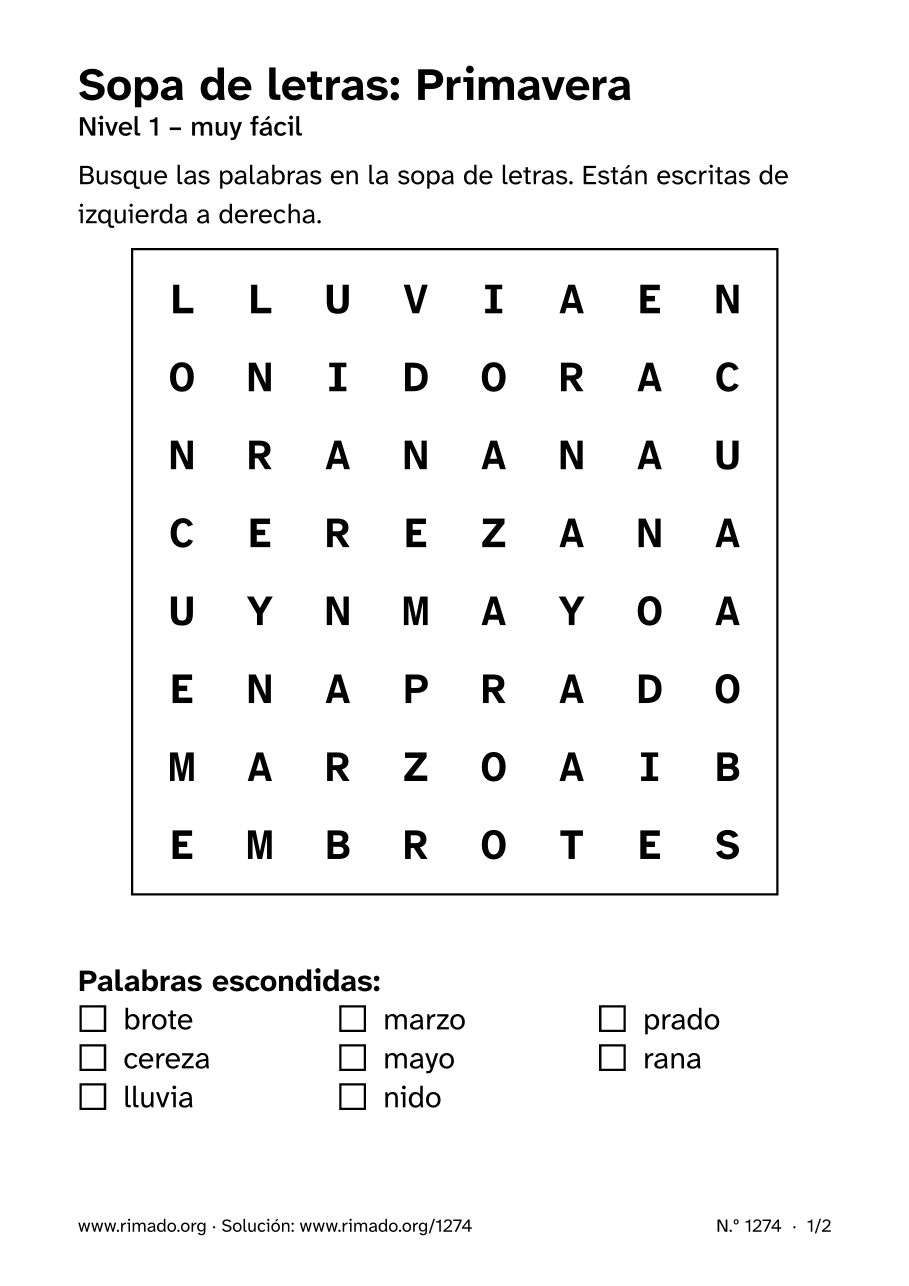 Vista previa de la hoja impresa: Sopa de letras «Primavera», n.º 1274