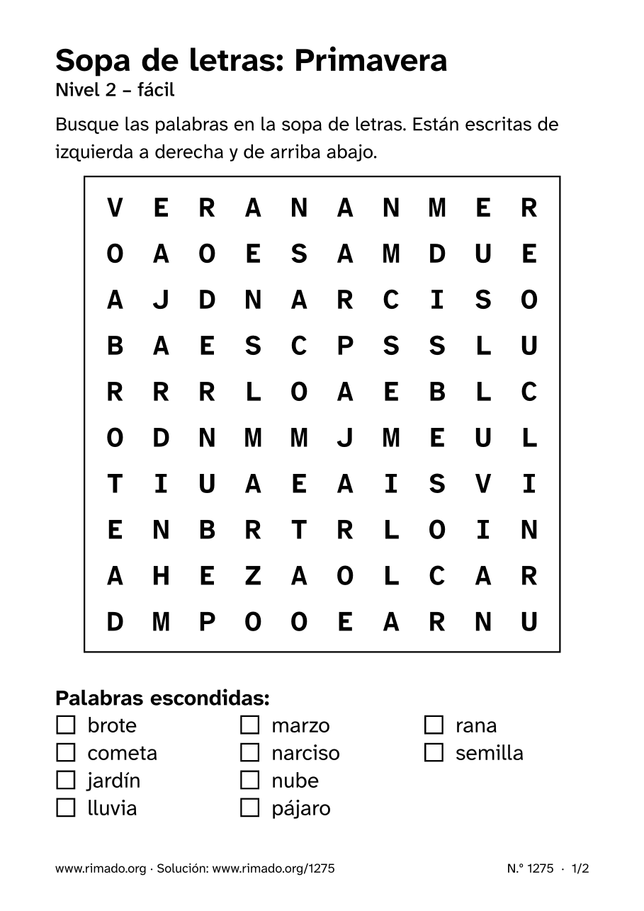 Vista previa de la hoja impresa: Sopa de letras «Primavera», n.º 1275