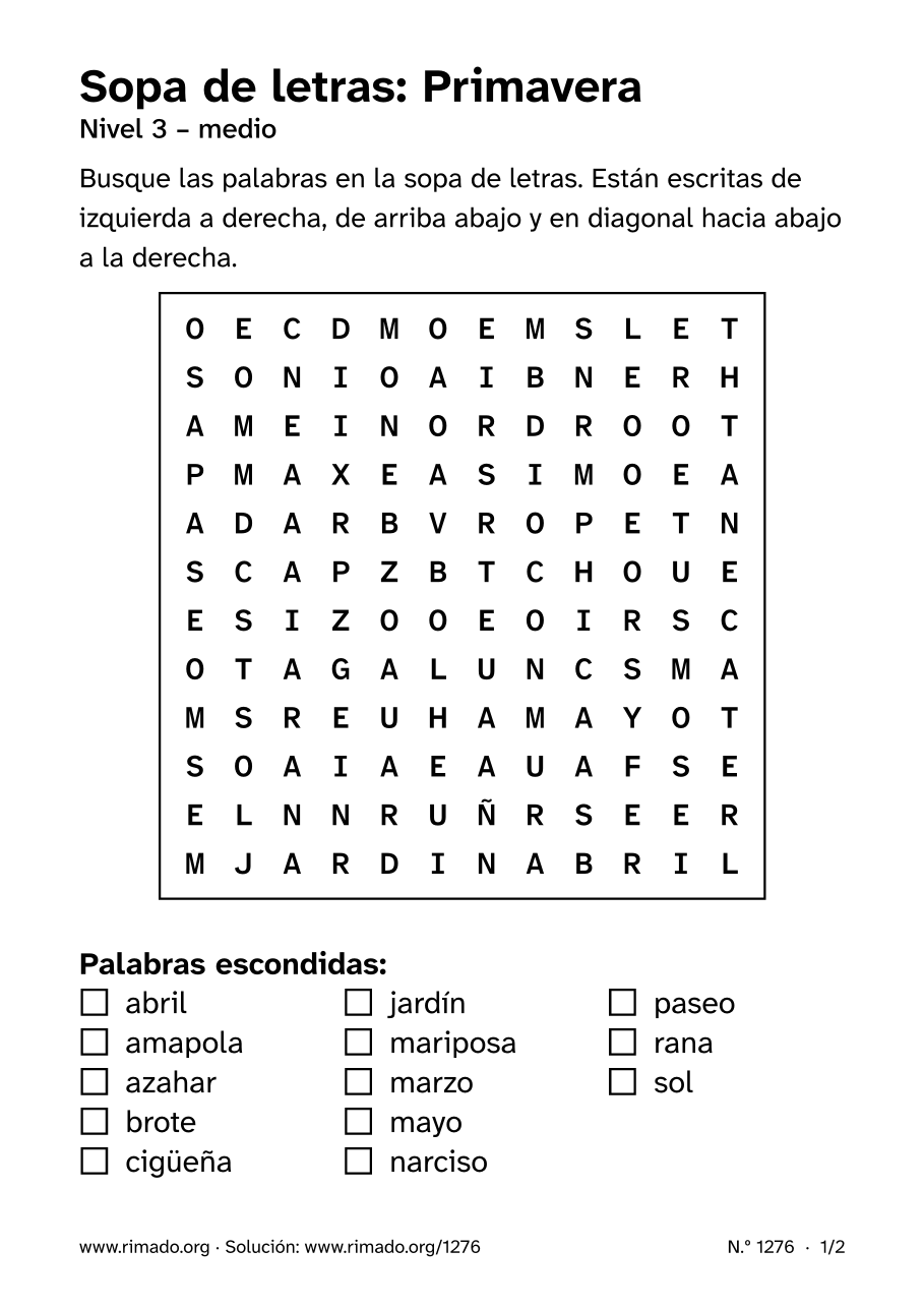 Vista previa de la hoja impresa: Sopa de letras «Primavera», n.º 1276