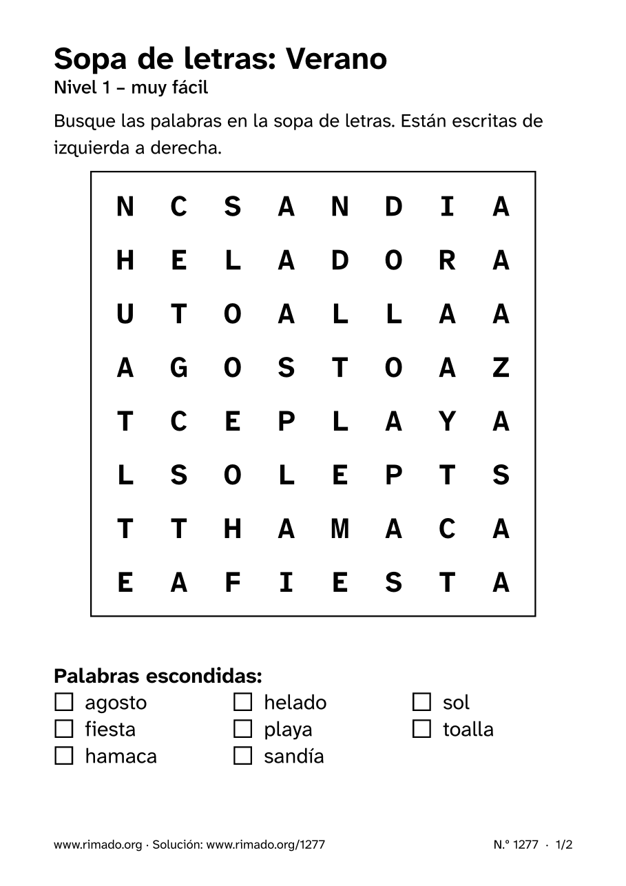Vista previa de la hoja impresa: Sopa de letras «Verano», n.º 1277