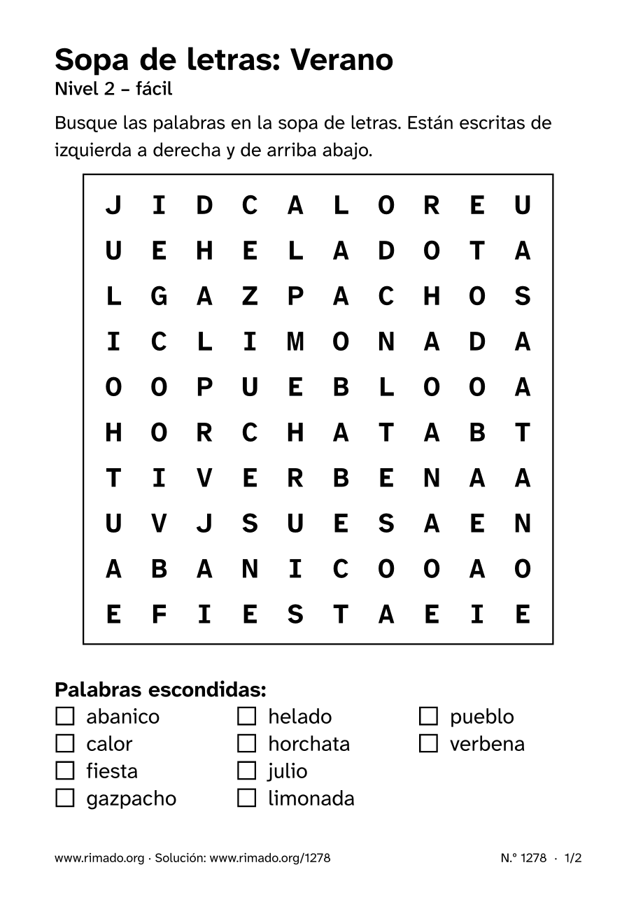 Vista previa de la hoja impresa: Sopa de letras «Verano», n.º 1278