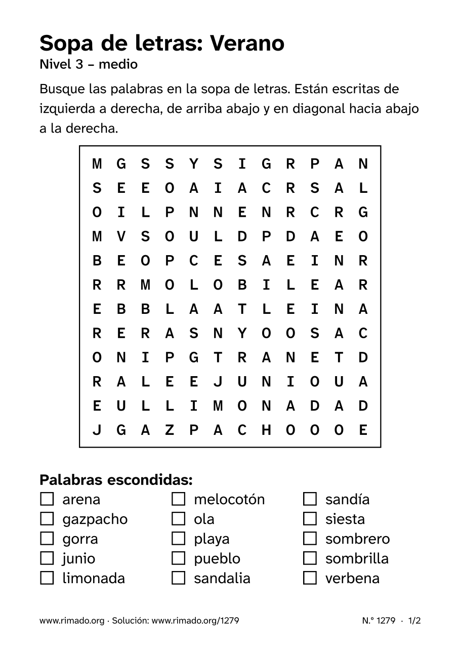 Vista previa de la hoja impresa: Sopa de letras «Verano», n.º 1279