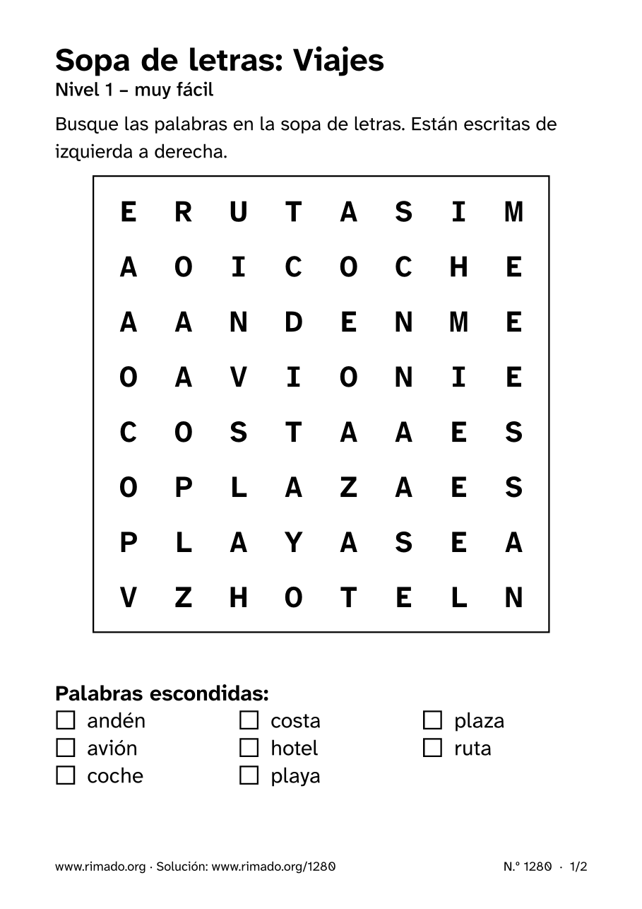 Vista previa de la hoja impresa: Sopa de letras «Viajes», n.º 1280