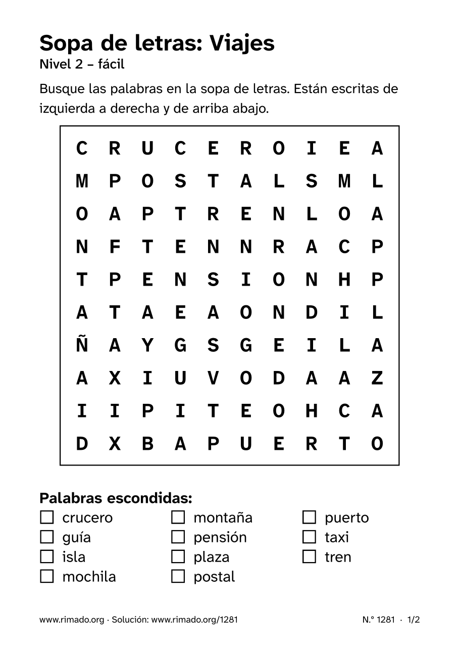 Vista previa de la hoja impresa: Sopa de letras «Viajes», n.º 1281