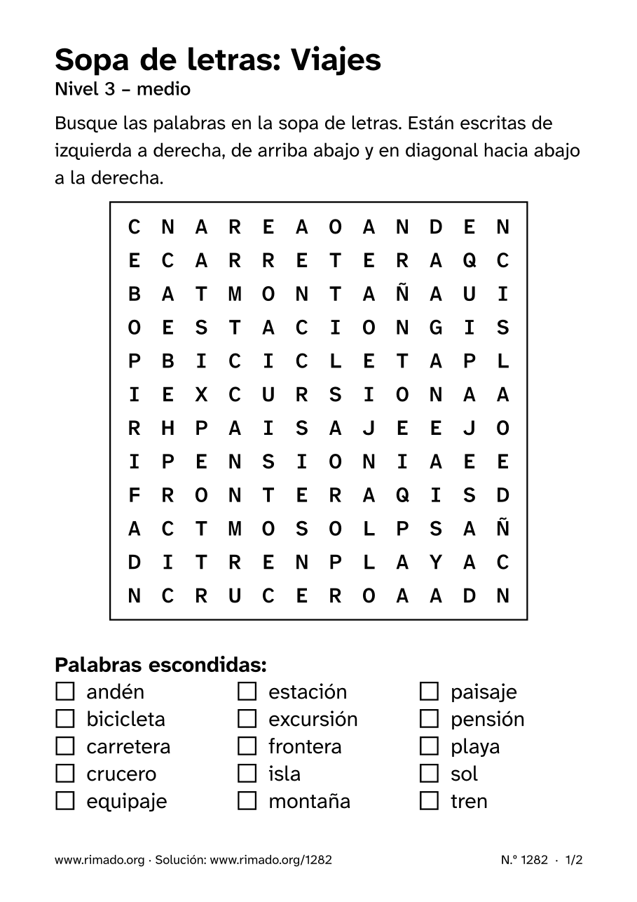 Vista previa de la hoja impresa: Sopa de letras «Viajes», n.º 1282