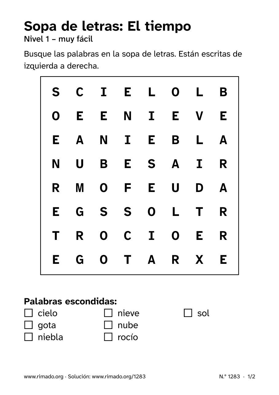 Vista previa de la hoja impresa: Sopa de letras «El tiempo», n.º 1283