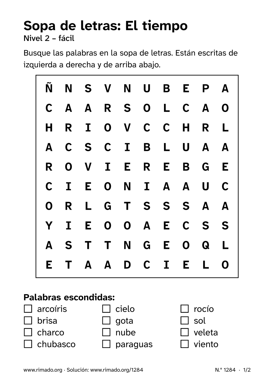 Vista previa de la hoja impresa: Sopa de letras «El tiempo», n.º 1284