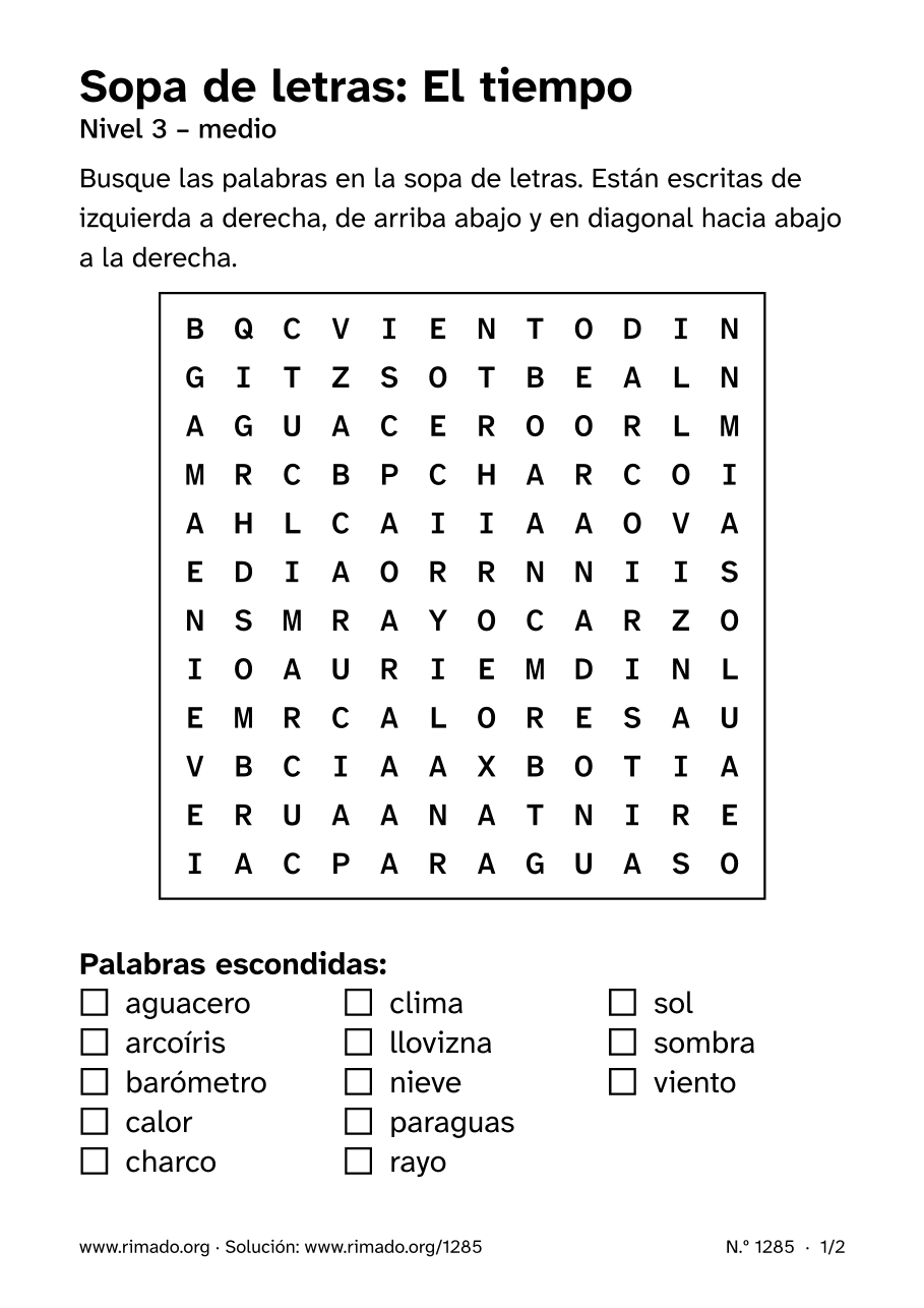 Vista previa de la hoja impresa: Sopa de letras «El tiempo», n.º 1285