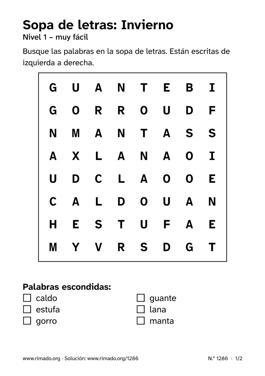 Vista previa de la hoja impresa: Sopa de letras «Invierno», n.º 1286