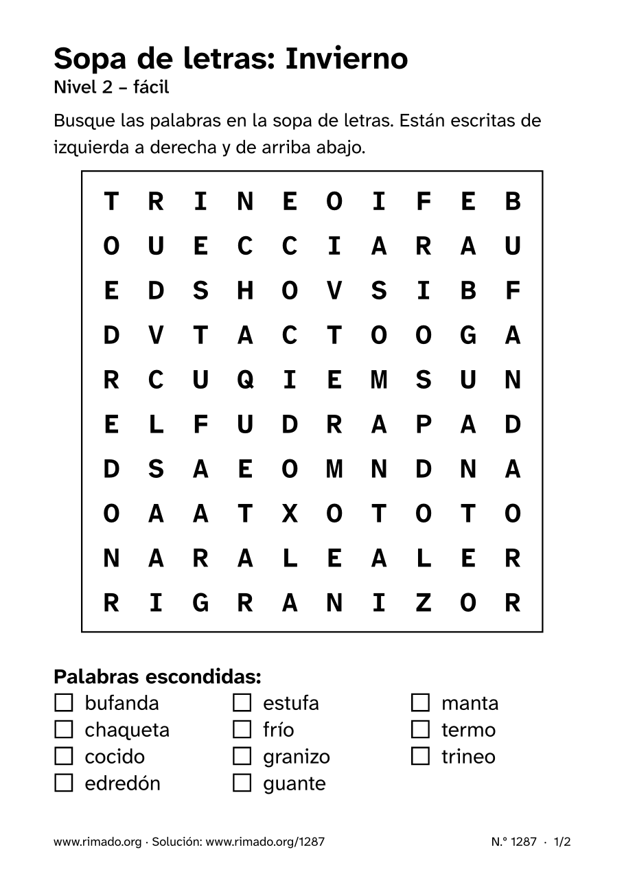 Vista previa de la hoja impresa: Sopa de letras «Invierno», n.º 1287
