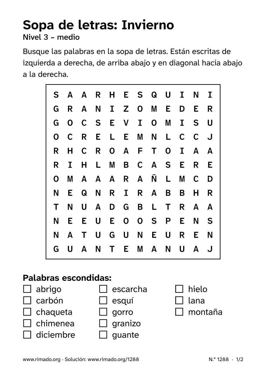 Vista previa de la hoja impresa: Sopa de letras «Invierno», n.º 1288