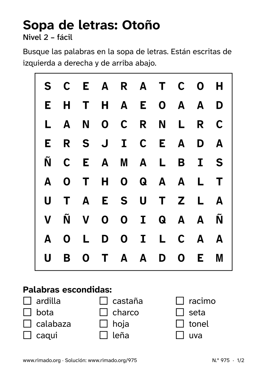 Vista previa de la hoja impresa: Sopa de letras «Otoño», n.º 975