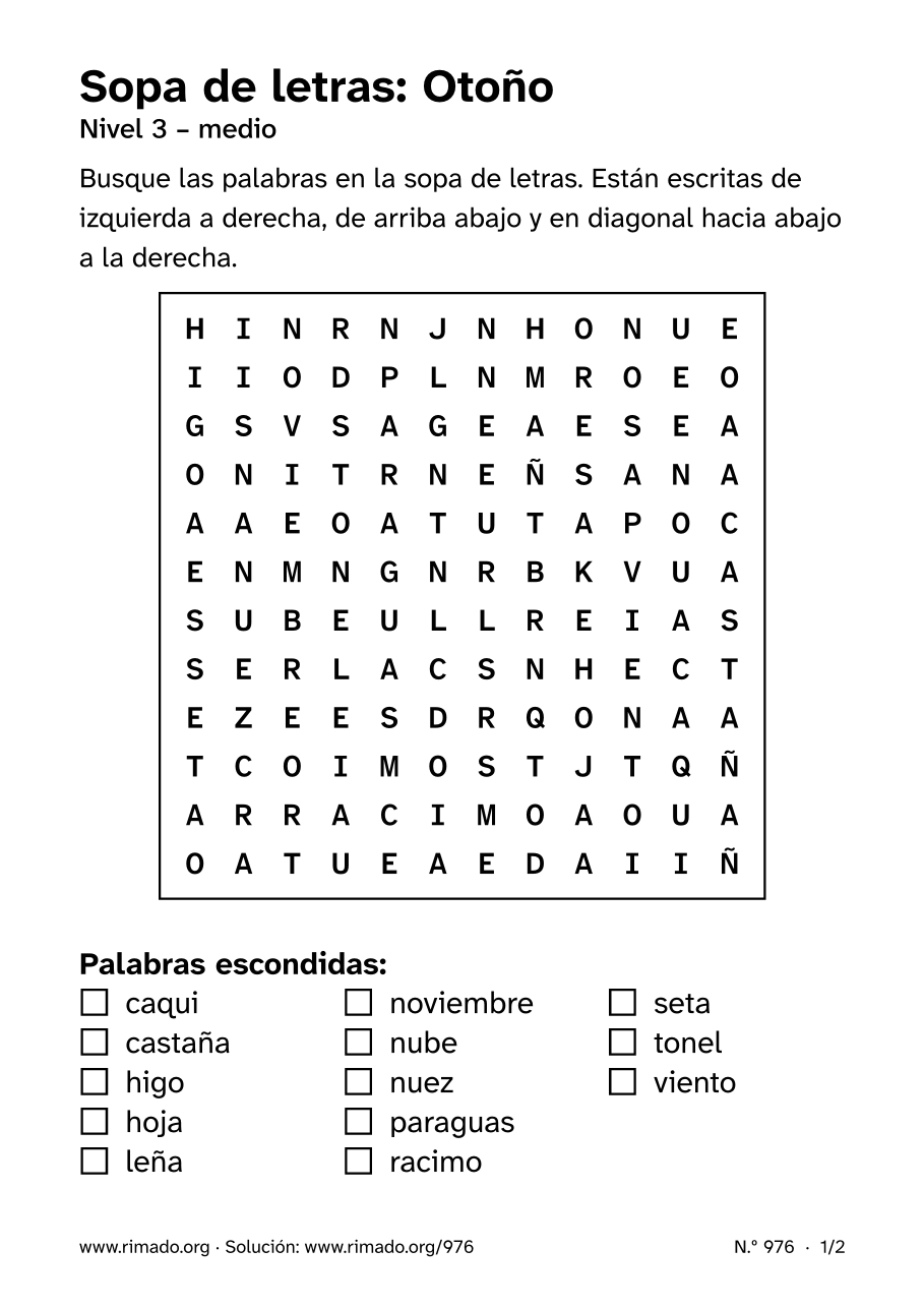Vista previa de la hoja impresa: Sopa de letras «Otoño», n.º 976