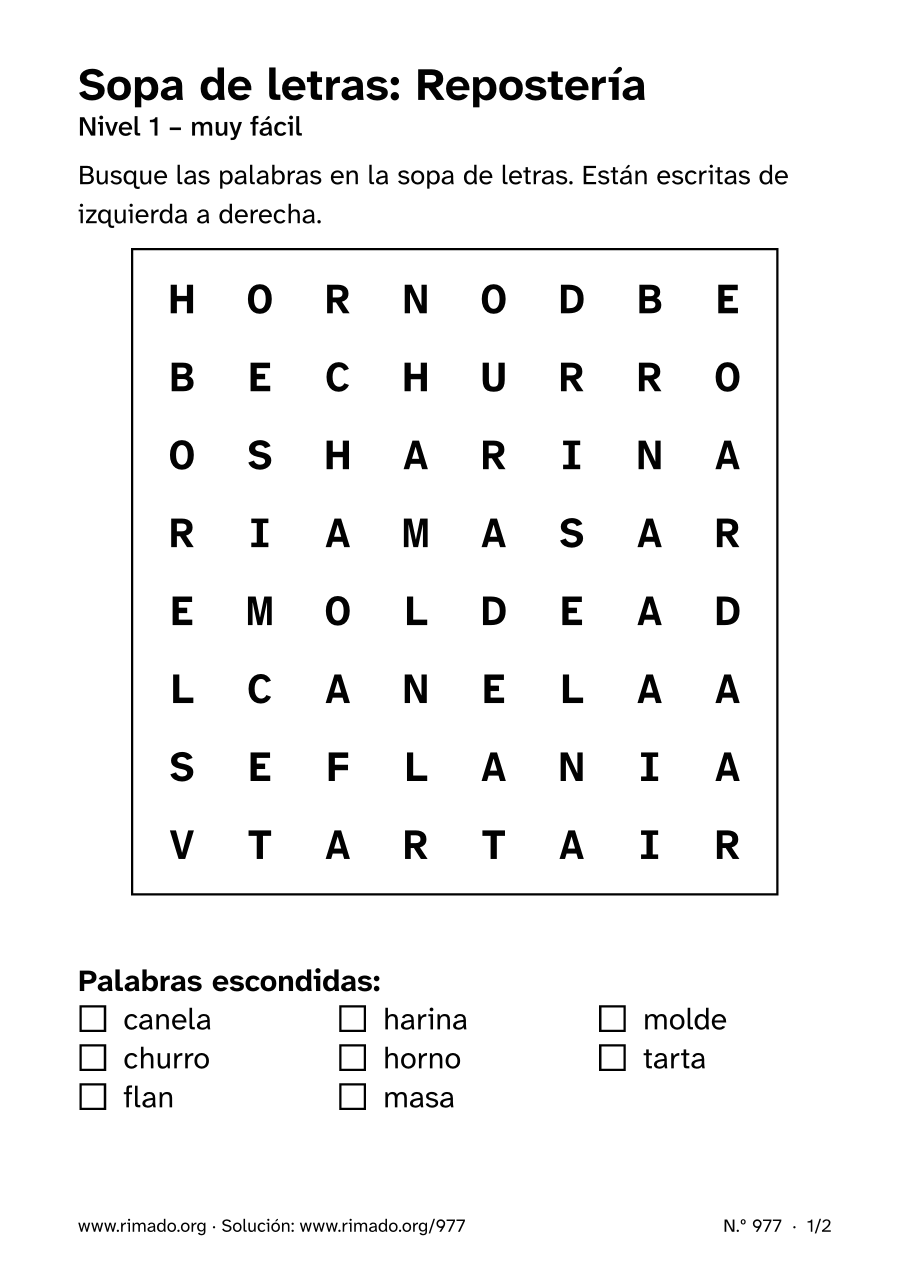 Vista previa de la hoja impresa: Sopa de letras «Repostería», n.º 977