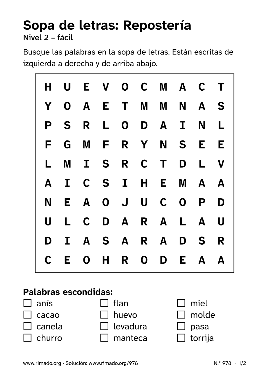 Vista previa de la hoja impresa: Sopa de letras «Repostería», n.º 978