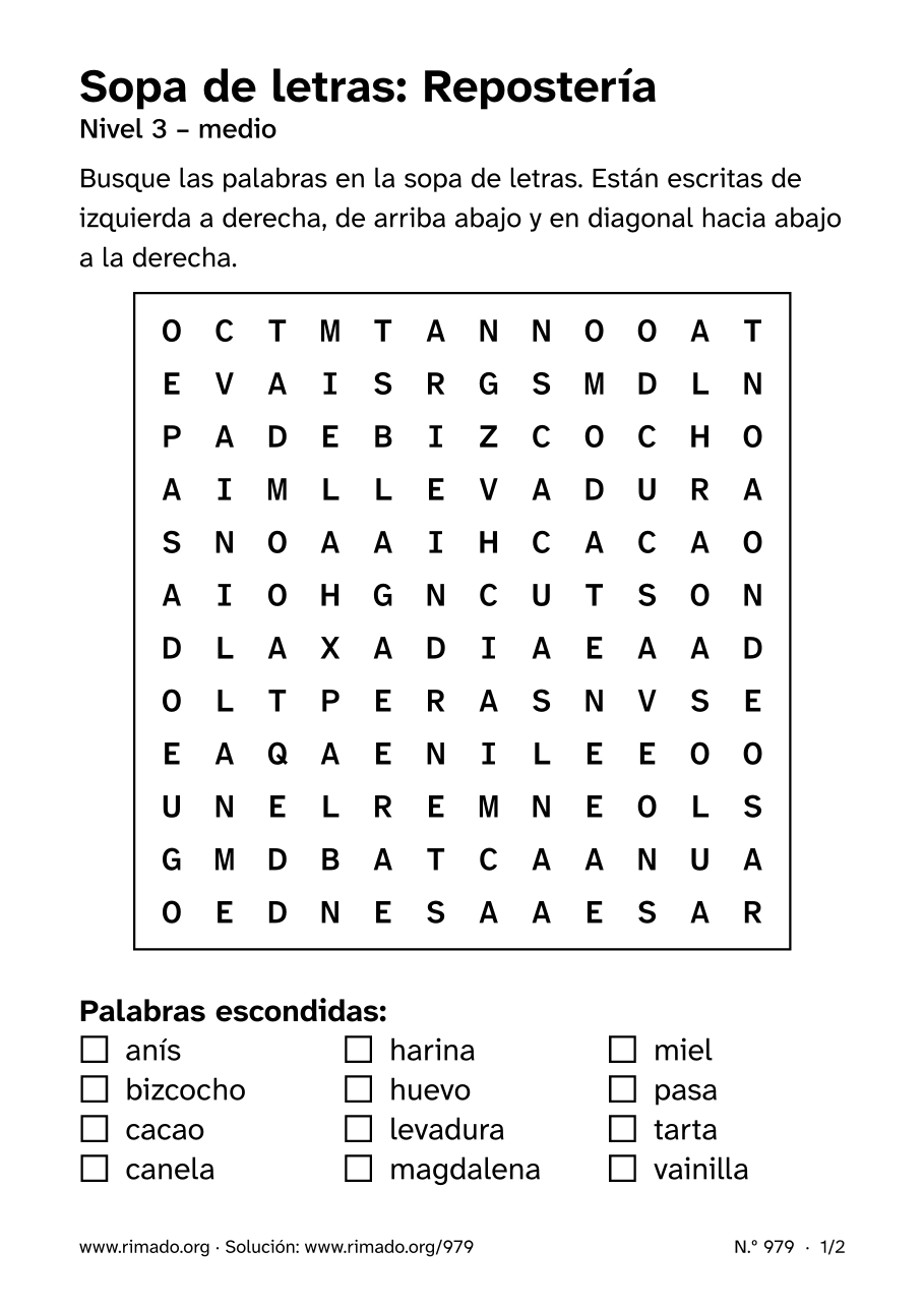 Vista previa de la hoja impresa: Sopa de letras «Repostería», n.º 979