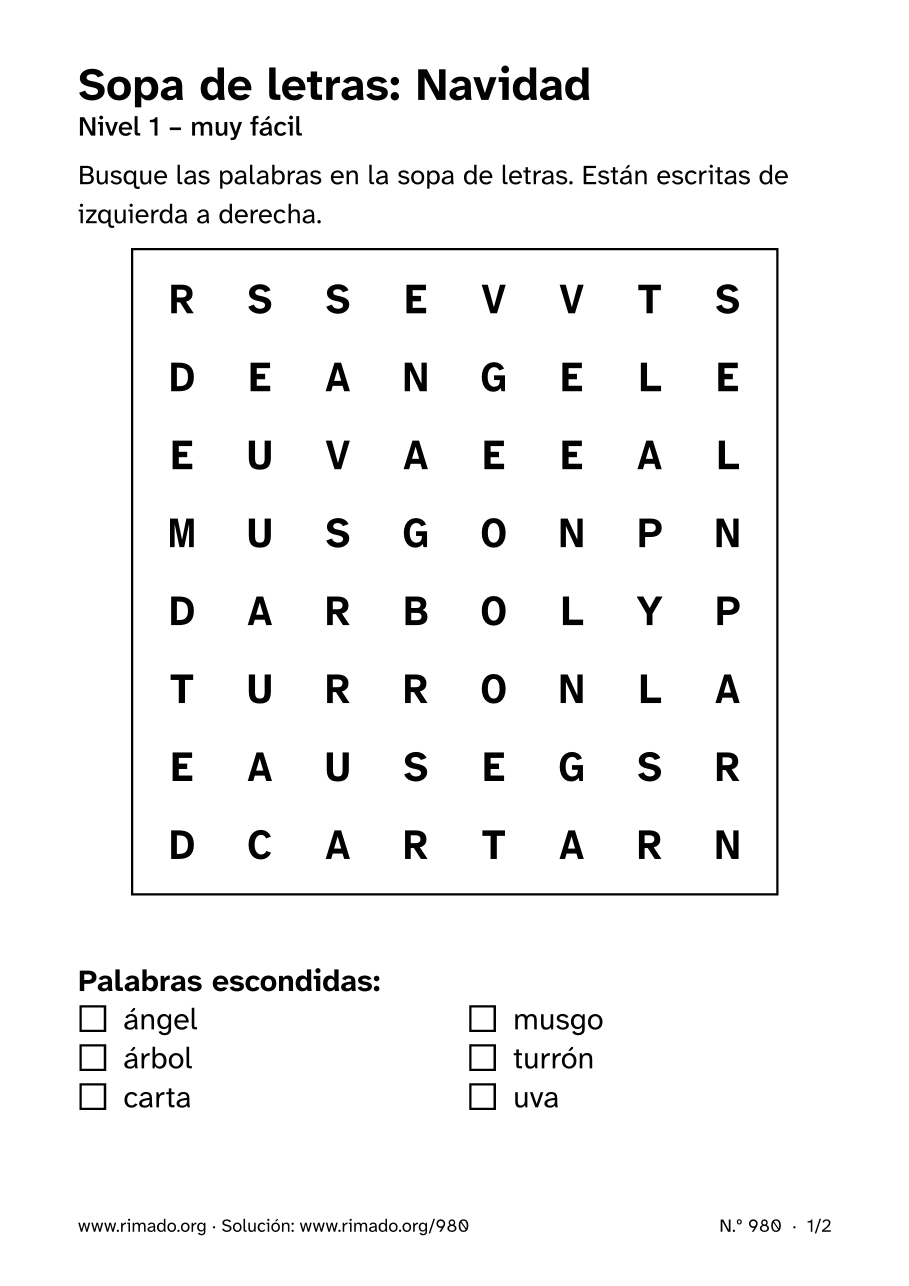 Vista previa de la hoja impresa: Sopa de letras «Navidad», n.º 980