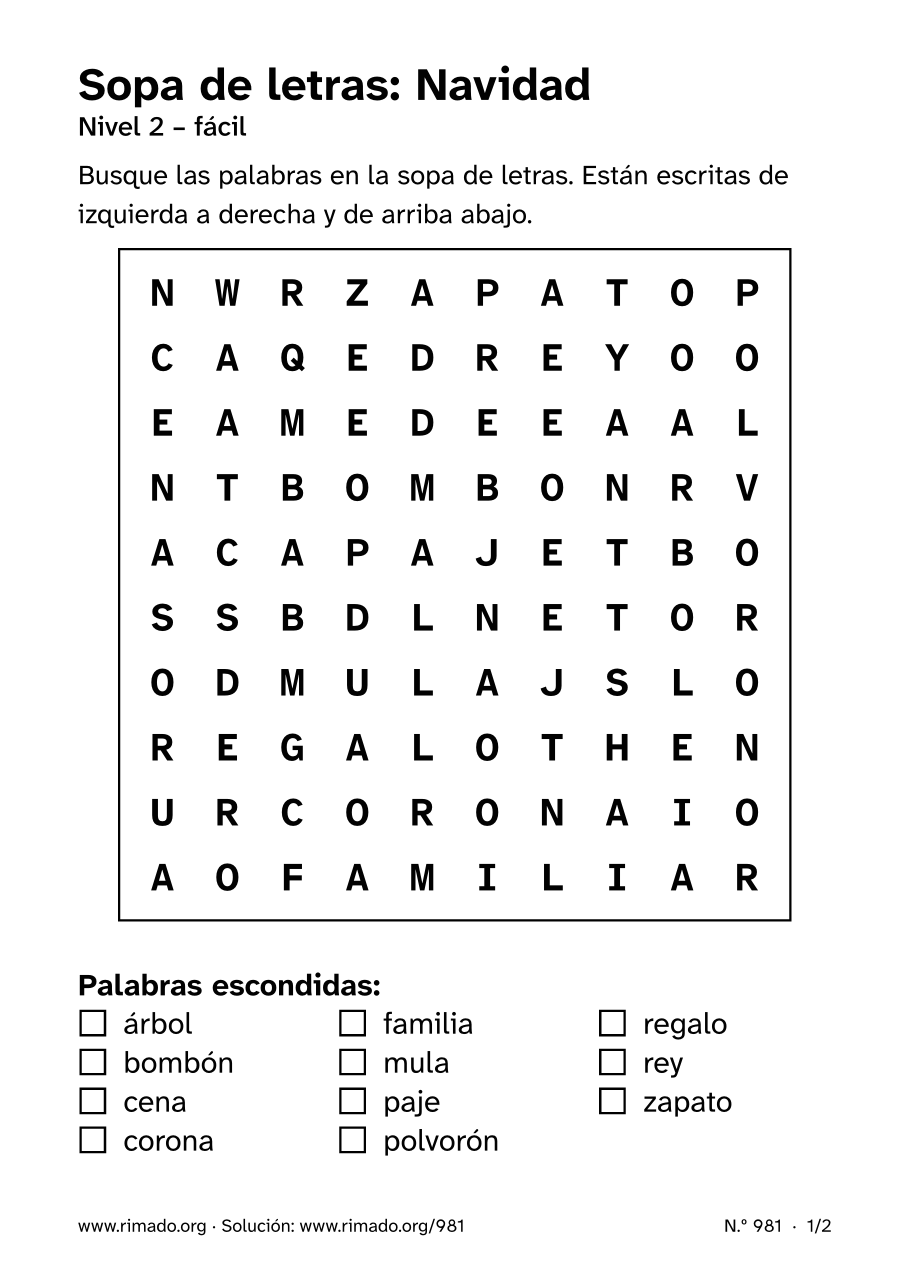 Vista previa de la hoja impresa: Sopa de letras «Navidad», n.º 981