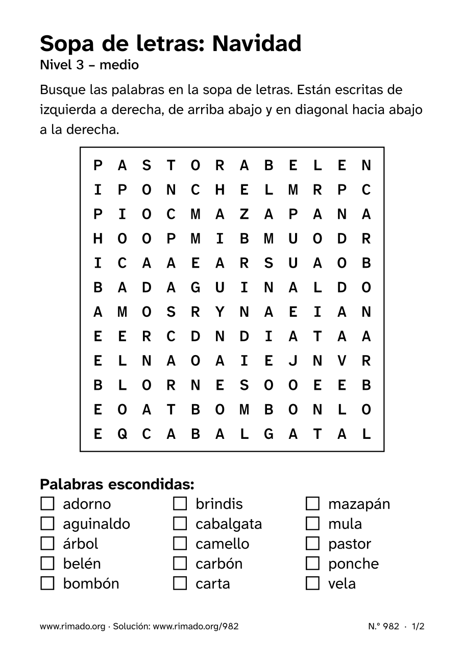 Vista previa de la hoja impresa: Sopa de letras «Navidad», n.º 982